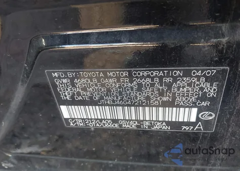 2007 Lexus Es 350 z USA, uszkodzony, nr VIN JTHBJ46G472121581